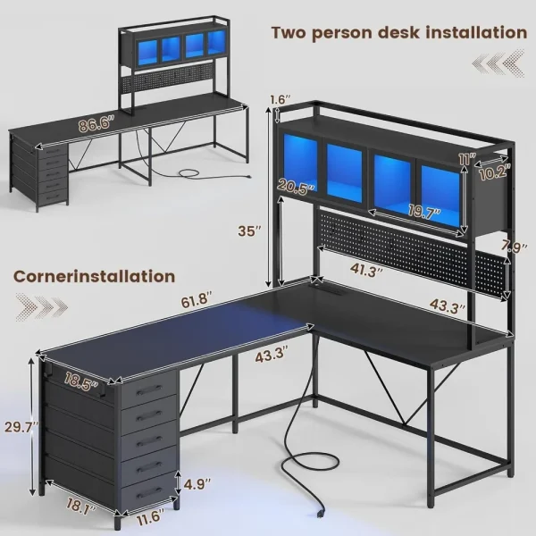 Desk, L Shaped Gaming Desk with Drawers, L Shaped Computer Desk with Hutch and Storage Shelves, Desk with Pegboard, Led Lights - Image 3