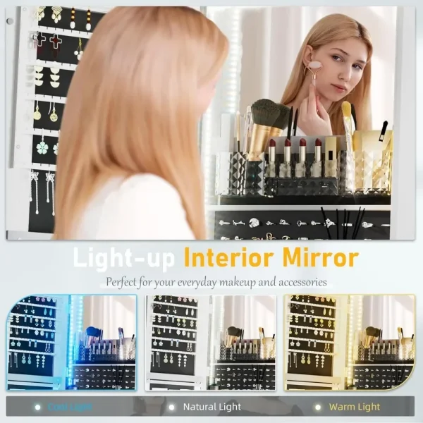 LED Mirror Jewelry Cabinet Standing, with Full-Length Mirror and Adjustable LED Lights, Lockable Jewelry Armoire, 360° Swivel - Image 3