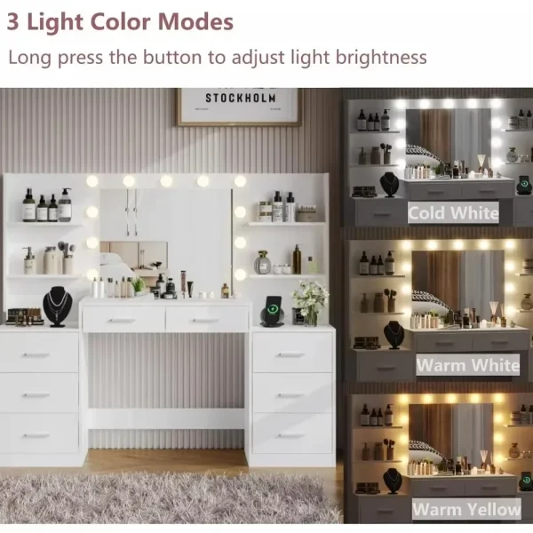 Makeup Vanity Table with Mirror & Lights, Vanity Desk with Power Strip, Large Drawer & Six Open Storage Dresser, Dressing Table - Image 4