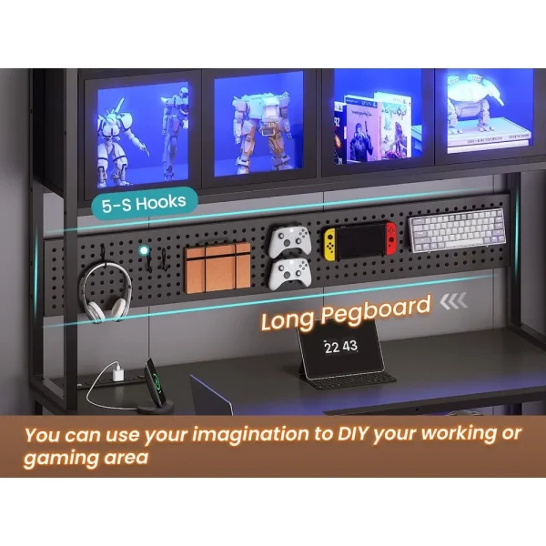 Desk, L Shaped Gaming Desk with Drawers, L Shaped Computer Desk with Hutch and Storage Shelves, Desk with Pegboard, Led Lights - Image 6