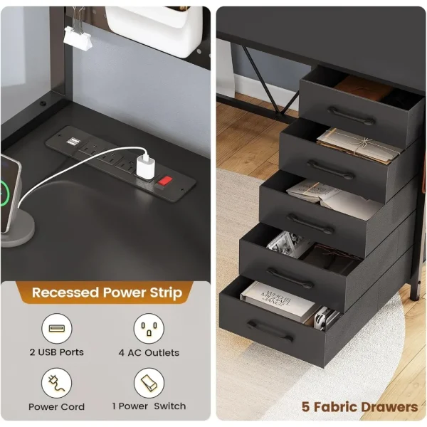 Desk, L Shaped Gaming Desk with Drawers, L Shaped Computer Desk with Hutch and Storage Shelves, Desk with Pegboard, Led Lights - Image 5